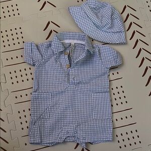 Blue and White Gingham Baby Romper with Hat